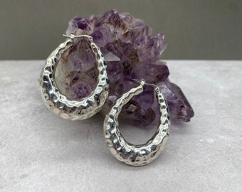 Sterling Silver Vintage Puffy Hammered Hoops