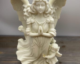 Candelabro de porcelana bizcochada Partylite vintage con figura de mujer y niño ángel