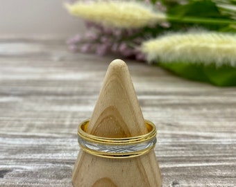 Vintage Fredrick Goldman-ring i tvåfärgad vigselring för män, 18 karat gult guld och 950 etsad platina, storlek 12,25