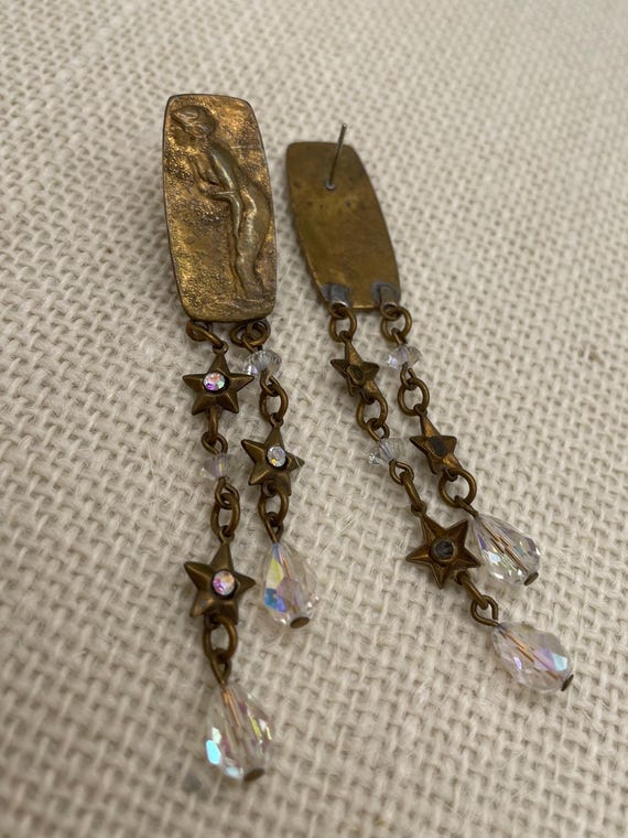 Vintage Drop Dangle Statement Earrings Brass Tone… - image 4