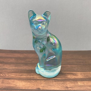 Fenton Blue Iridescent Winter Cat Figurine Signed Handpainted Snow And Blueberries