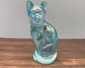 Fenton Blue Iridescent Winter Cat Figurine Signed Handpainted Snow And Blueberries