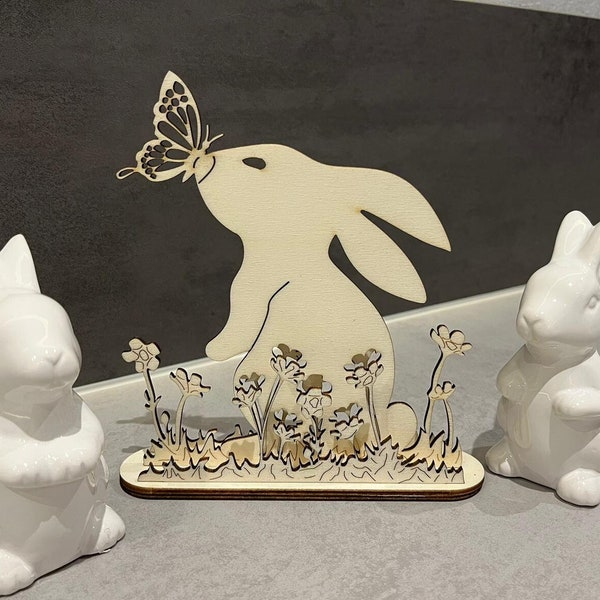 Easter decoration "Bunny in the flower field" laser cut template DXF, SVG, Lightburn