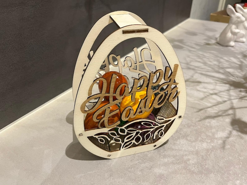 Eierkorb Frohe Ostern Happy easter Lasercut DXF, SVG, Lightburn Vorlage zdjęcie 3