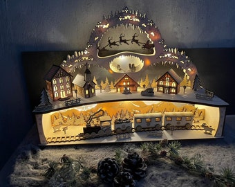 Kaarsboog "Christmas Town" lasergesneden bestand DXF, SVG, Lightburn, lasersjabloon