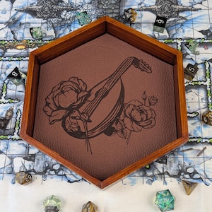 Bard Dice Tray: Handmade Hexagonal Wooden Tray with Lute & Roses Design