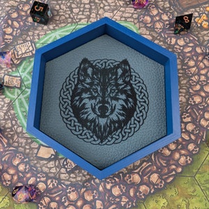 Celtic Wolf Dice Tray: Wooden & Faux Leather Lined Rolling Tray