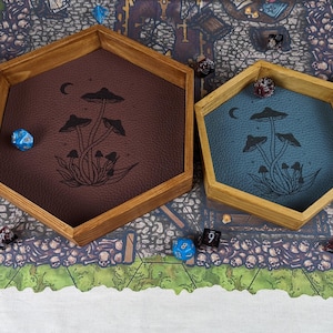Mushroom Dice Tray: Wooden & Faux Leather Rolling Tray - Circle of Spores
