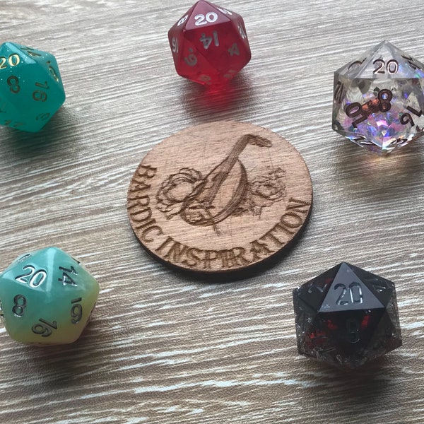 Bardische inspiratie houten gegraveerde token, D&D tafelblad RPG gamer token, bard token