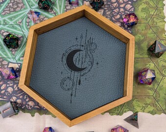 Moon Dice Tray: Wooden & Faux Leather Rolling Tray - Druid TTRPG Gift