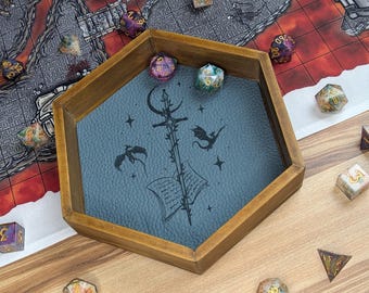 Vassoio per dadi Fantasy Dragon Sword: vassoio per rotolamento rivestito in legno e similpelle