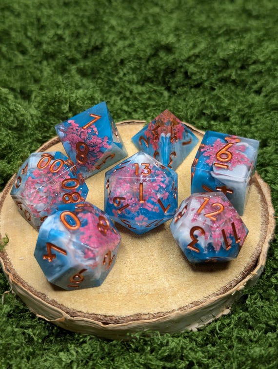 Cherry Blossom Resin Dice Set: Sharp Edge Polyhedral Dice