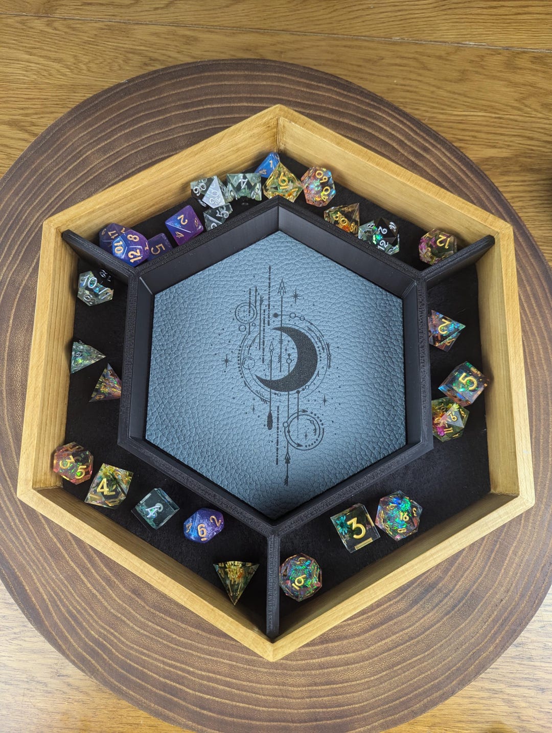 Moon and Stars Dice Tray Extra Large Hexagonal Wooden Dice Tray With