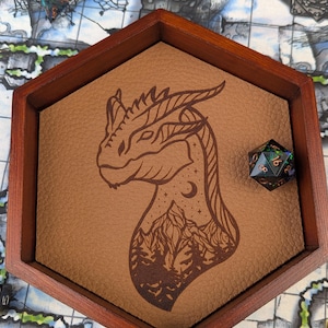 Dragon Head Dice Tray: Hexagonal Wooden Faux Leather Rolling Tray with Engraving