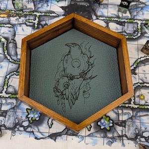 Raven Dice Tray: Engraved Wood & Faux Leather - Gaming Accessories