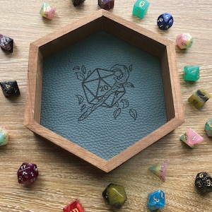 Druid Dice Tray: Wooden D20 Design, Leather Lined Rolling Tray