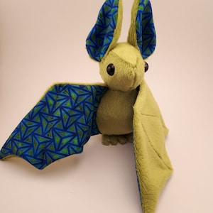 Small Bat Plush - Lime with Blue Geometric Patterns