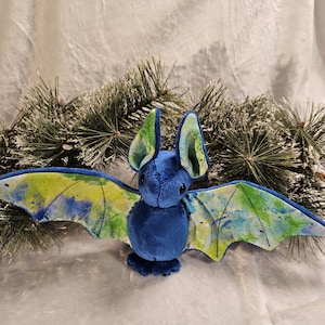 Small Handmade Bat Plush - Bright Blue with Green/Blue Splashes