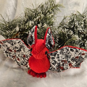 Small Handmade Bat Plush - Red with Floral Berries