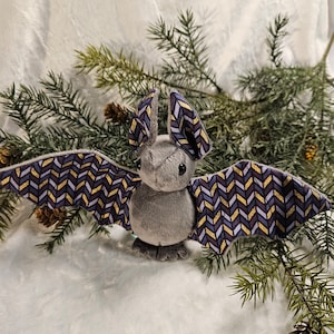 Small Handmade Bat Plush - Gray with Purple Chevron