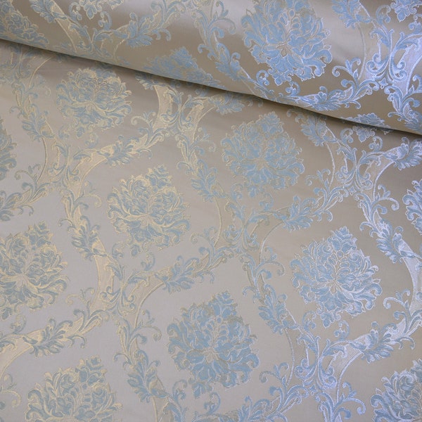 Tissu d'ameublement tissu d'ameublement baroque vrilles vintage tissé bleu lourd or jaune bleu clair
