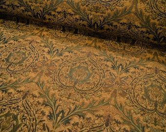 Upholstery fabric baroque tendrils vintage woven heavy green brown gold silver