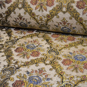 Upholstery fabric baroque tendrils vintage woven heavy black gold yellow