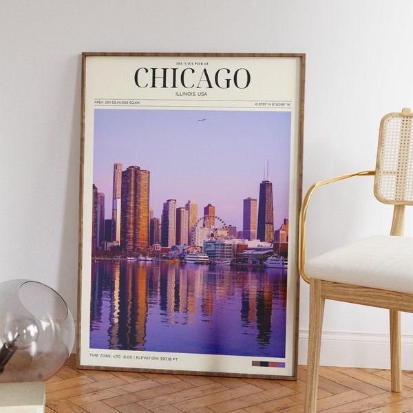 Travel Poster, Chicago Poster, Navy Pier Chicago Vintage Posters in Chicago Print, Chicago Wall Art for Living Room, Modern Office Wall Art