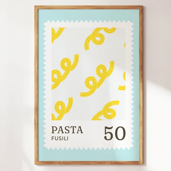 Kitchen Print, Pasta Fusili Wall Art, Modern Food Poster, Blue Cute Kitchen Wall Art, Cute Modern Art for Italian Home and Birthday Gifts