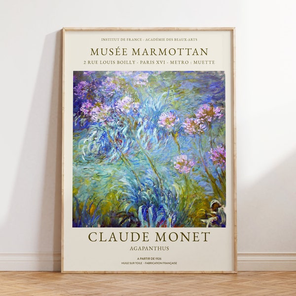 Claude Monet Print, Agapanthus Print, Vintage Wall Decor, Flowers Monet Wall Art, Botanical Print, Purple Large Wall Art Living Room