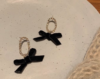 Cute velvet black bow earrings with gem hoop clip-on available