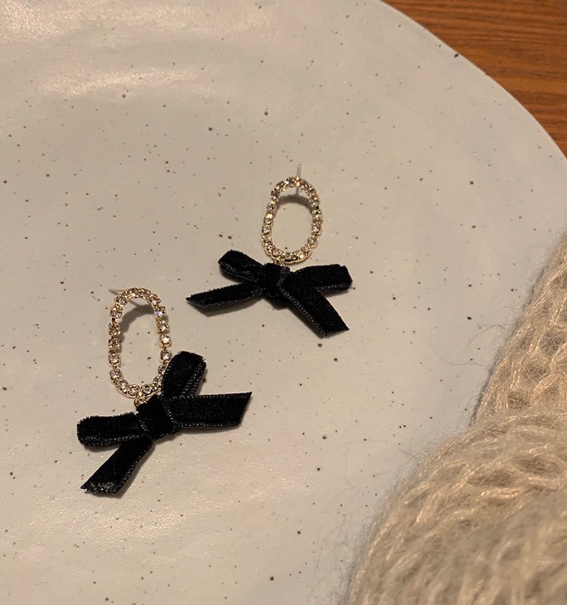 Cute velvet black bow earrings with gem hoop clip-on available