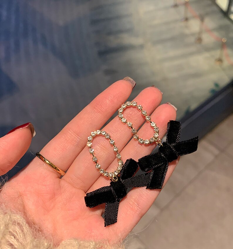 Cute velvet black bow earrings with gem hoop clip-on available