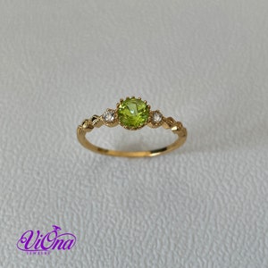 Real Peridot Ring, Round Cut in Gold Plated 925 Sterling Silver with Premium Quality Polished surface plus two CZ side stones image 6