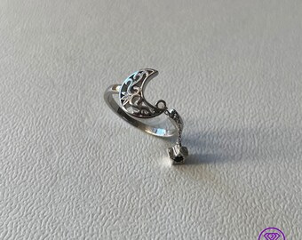 Crescent Moon & Star 925 Sterling Silver Adjustable Open Ring - Symbolic Celestial Elegance and Grace