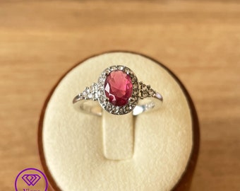 Oval Ruby Red Cubic Zirconia 925 Sterling Silver Ring with White CZ Decoration