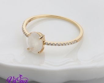 Oval Natural Moonstone Ring in Gold-Plated 925 Sterling Silver with Cubic Zirconia Accents - Spiritual Bohemian Elegance