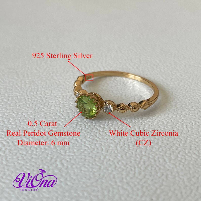 Real Peridot Ring, Round Cut in Gold Plated 925 Sterling Silver with Premium Quality Polished surface plus two CZ side stones image 4