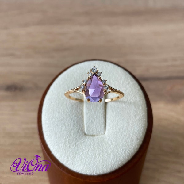 Echter Amethyst Edelstein Ring mit hochwertigem vergoldetem 925 Sterling Silber, gestempelt