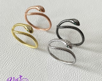 Open Snake Ring from 925 Sterling Silver with Green CZ and Platinum Plated in Gold, Silver, Rosegold and Black