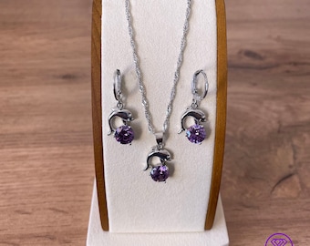 925 sterling silver jewelry set with dolphin form and amethyst color, 2 pieces