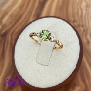 Real Peridot Ring, Round Cut in Gold Plated 925 Sterling Silver with Premium Quality Polished surface plus two CZ side stones image 1
