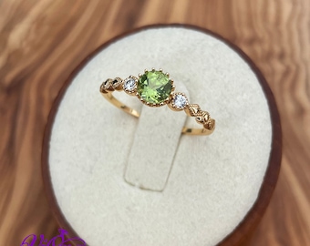 Real Peridot Ring, Round Cut in Gold Plated 925 Sterling Silver with Premium Quality Polished surface plus two CZ side stones