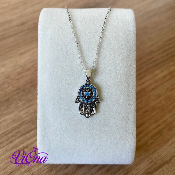 Hand of Fatima Pendant from pure 925 Sterling Silver with round Blue Cubic Zirconia