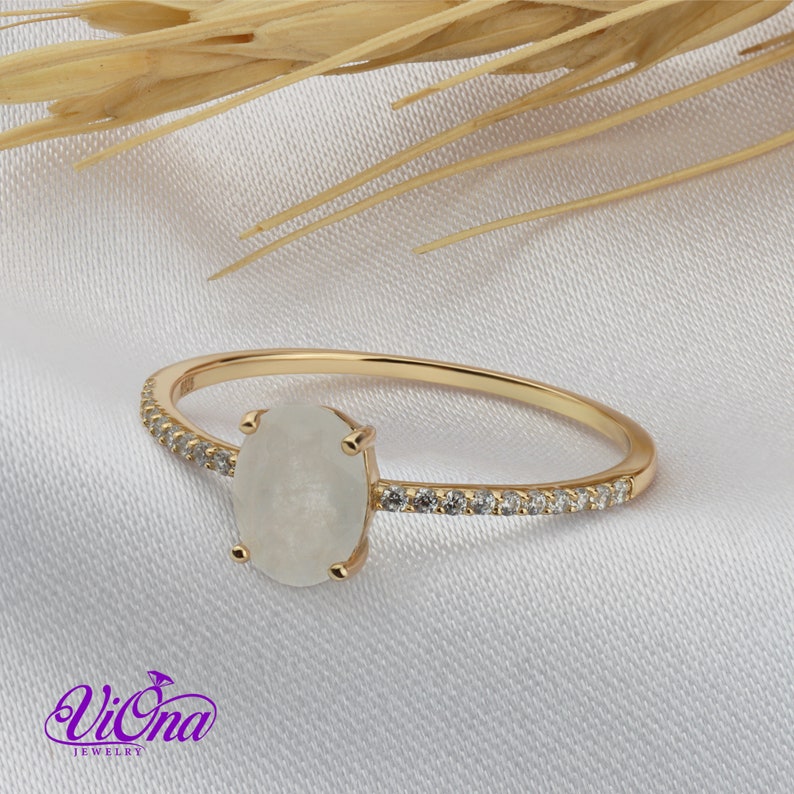 Oval Natural Moonstone Ring in Gold-Plated 925 Sterling Silver with Cubic Zirconia Accents Spiritual Bohemian Elegance image 3