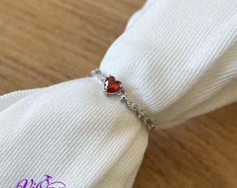 Sterling silver ruby red heart ring with decorated topaz, 925 Stamped