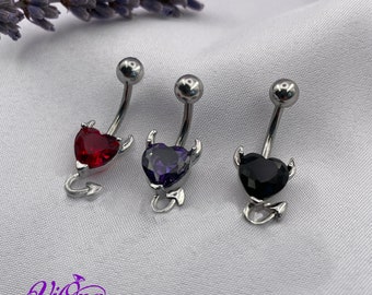 Navel and Belly Button Piercing - Heart-Shaped Gothic Style (Black, Red, Purple) - Anti-Rust, Anti-Allergy Stainless Steel