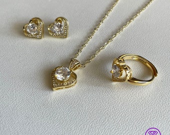 18K Gold Plated Silver Jewelry Set with Heart shape and Round Cubic Zirconia