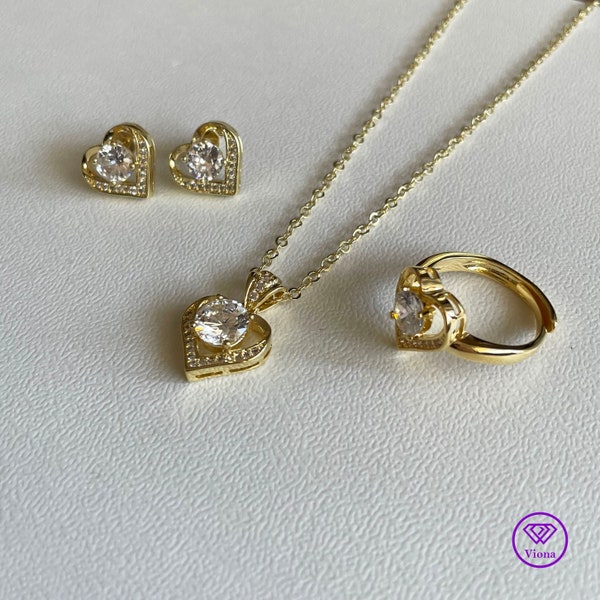 18K Vergoldetes Silber Schmuck Set mit Herzform und runden Cubic Zirkonia