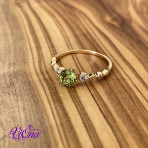 Real Peridot Ring, Round Cut in Gold Plated 925 Sterling Silver with Premium Quality Polished surface plus two CZ side stones image 8